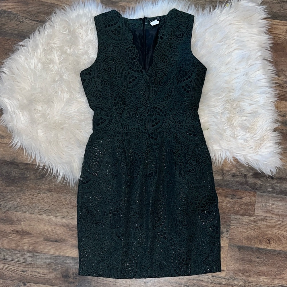 Venus Scallop Dress dark green with a black design pattern. Size 6
